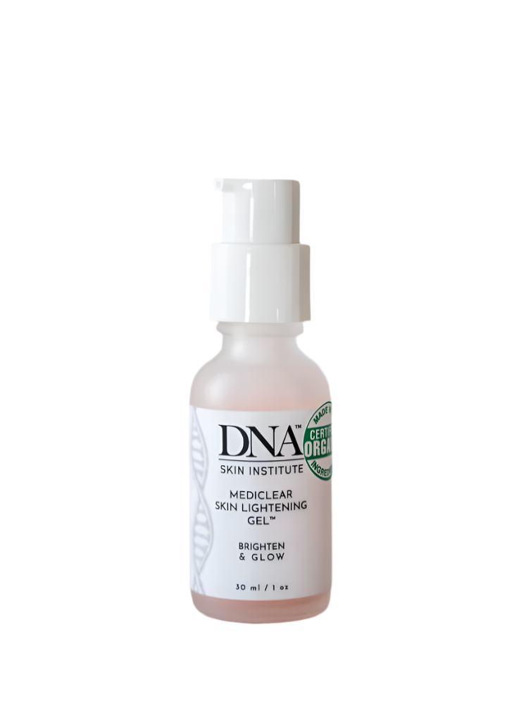 Bottle of DNA Skin Institute mediclear skin lightening gel on a white background