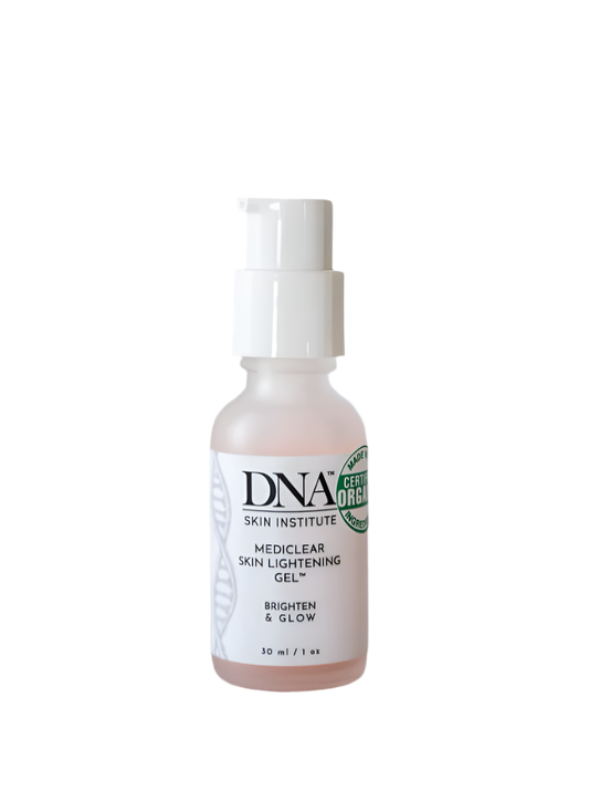 Bottle of DNA Skin Institute mediclear skin lightening gel on a white background