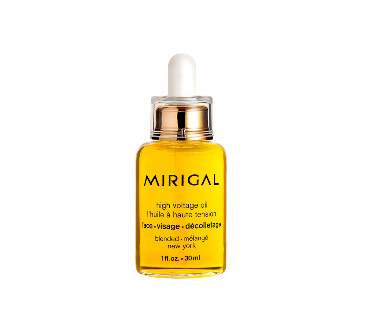 Yellow skincare oil bottle with dropper labeled 'Mirigal' on a white background